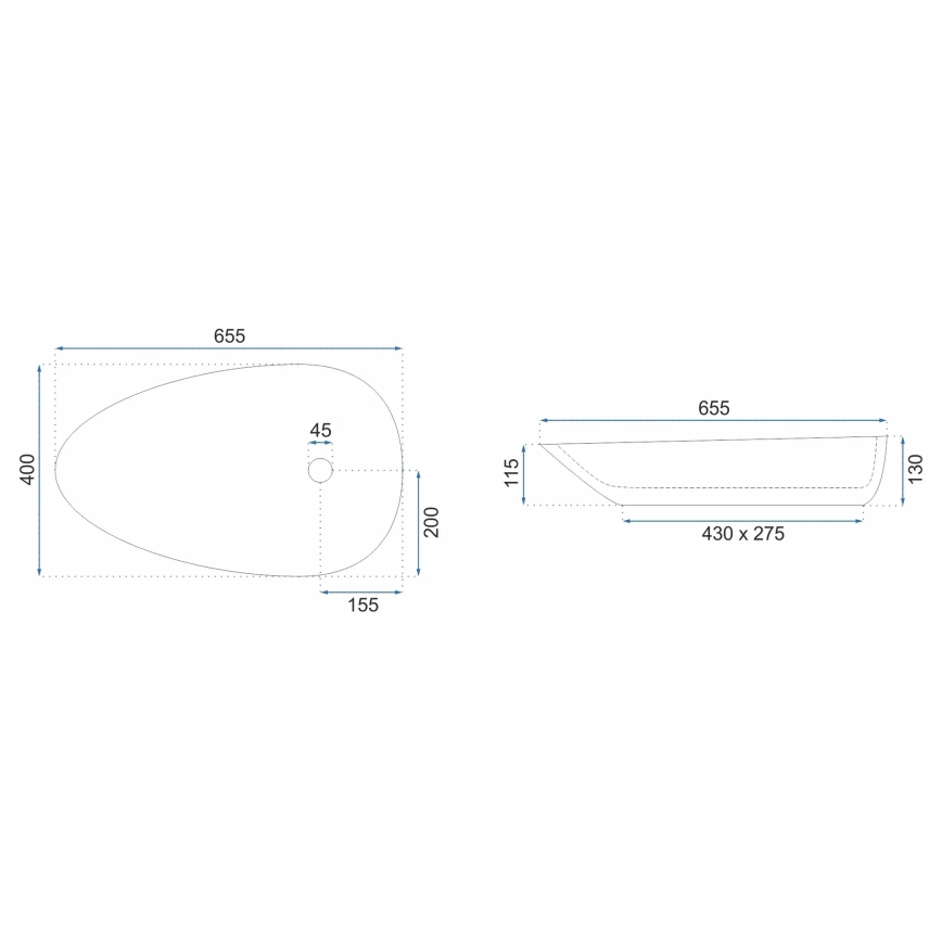 REA-U8537 - Tvättställ för bänkskiva GRETA 40x65,5 cm keramik/blankvit