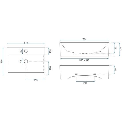 REA-U8701 - Tvättställ för bänkskiva BONITA 36 x 51 cm keramik/blank vit