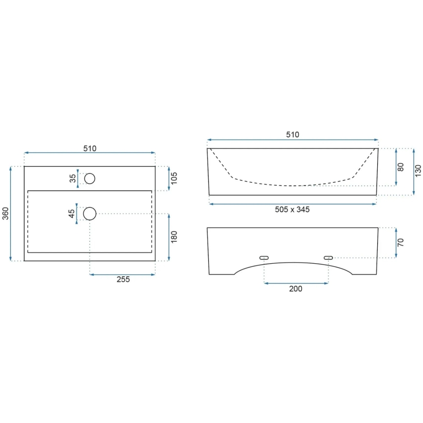 REA-U8701 - Tvättställ för bänkskiva BONITA 36 x 51 cm keramik/blank vit