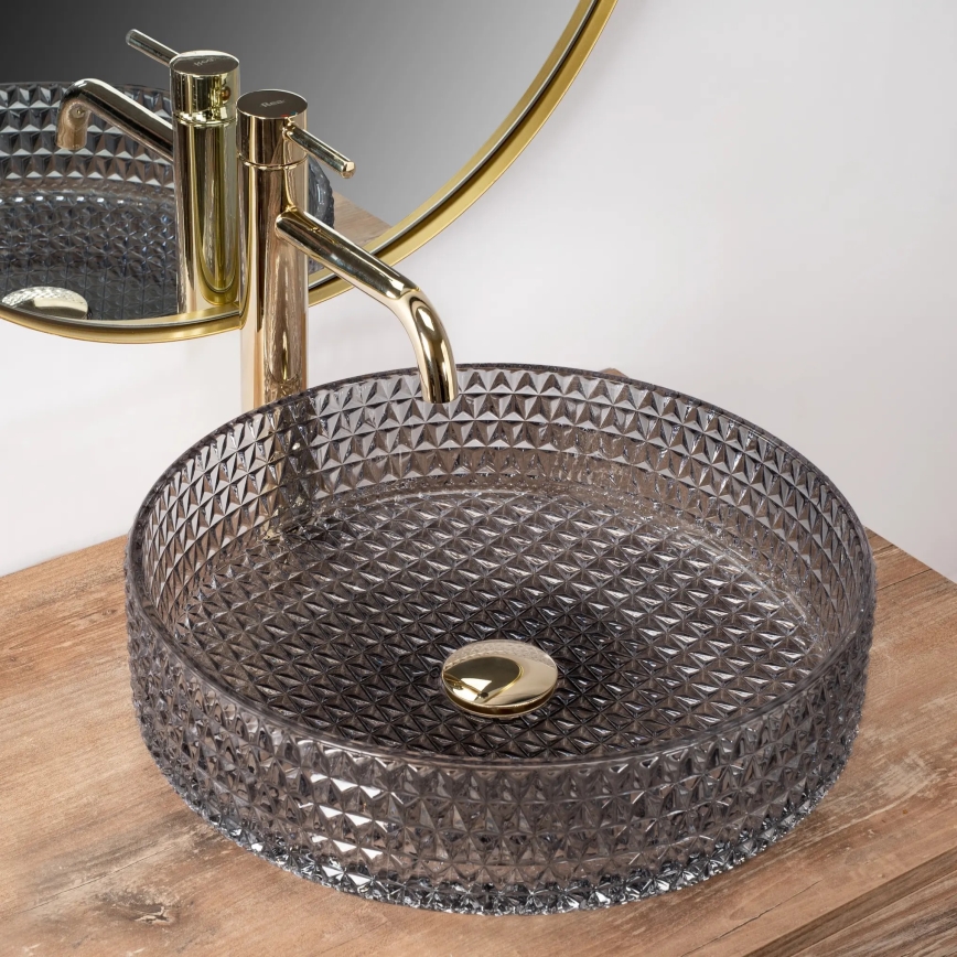 REA-U8880 - Tvättställ för bänkskiva CRISTAL Ø 39 cm glas/rökgrå