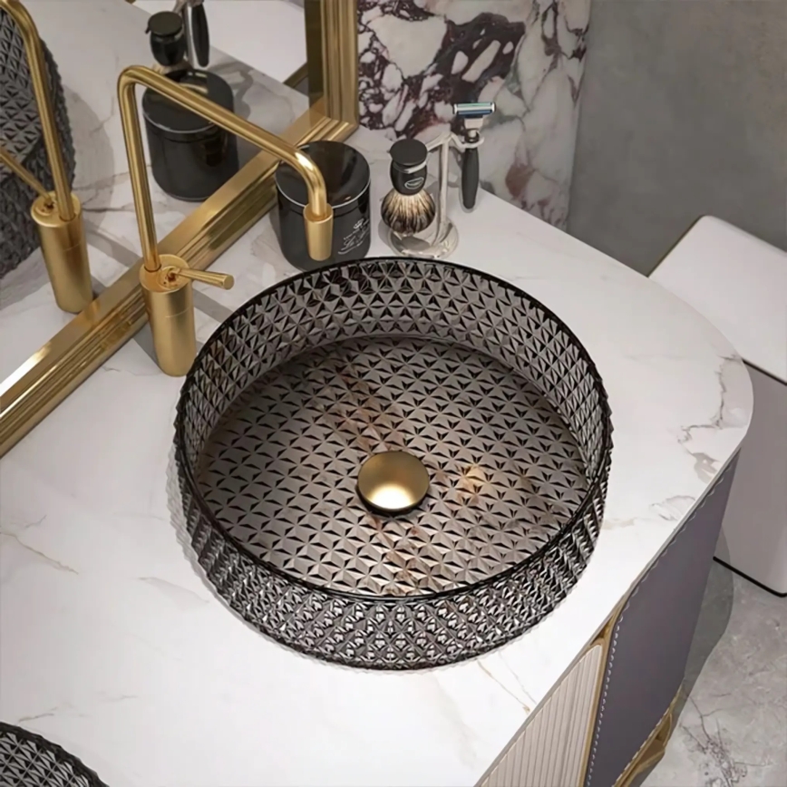 REA-U8880 - Tvättställ för bänkskiva CRISTAL Ø 39 cm glas/rökgrå