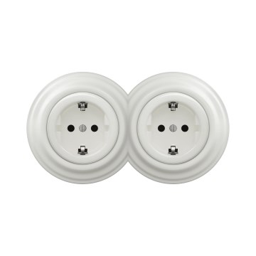 Reblig - Dubbel retro vägguttag för inomhusbruk med ram, SCHUKO 230 V, i keramik, vitt