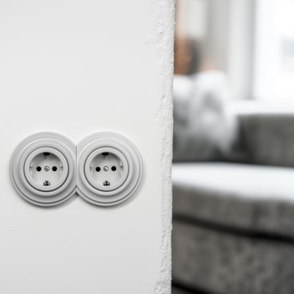 Reblig - Dubbel retro vägguttag för inomhusbruk med ram, SCHUKO 230 V, i keramik, vitt