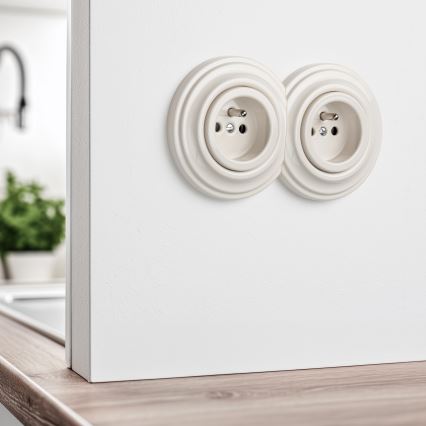 Reblig - Dubbel retro vägguttag med ram, 230 V, beige