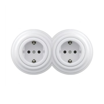 Reblig - Dubbelt retro vägguttag för hemmet med ram SCHUKO 230V snövit