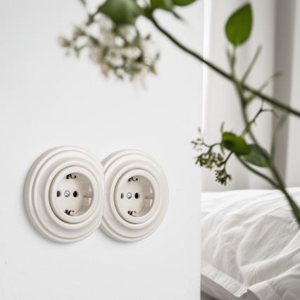 Reblig - Dubbelt retro-vägguttag med ram, SCHUKO 230 V, beige