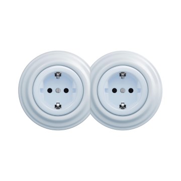 Reblig - Dubbelt retro vägguttag med ram, SCHUKO 230V, blå
