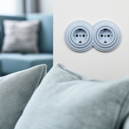 Reblig - Dubbelt retro vägguttag med ram, SCHUKO 230V, blå