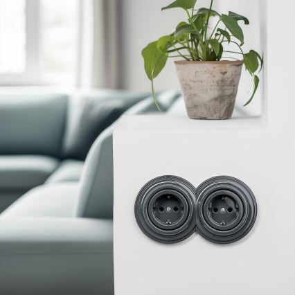 Reblig - Dubbelt retro vägguttag med SCHUKO-ram, 230 V, antracit