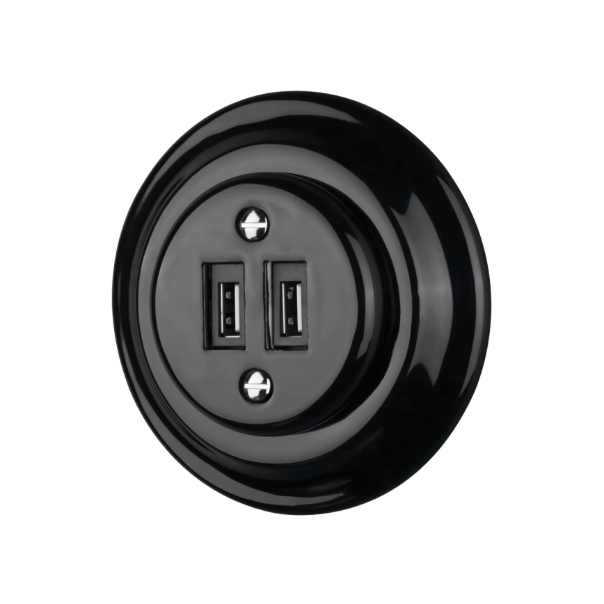 Reblig - Retro porslinsuttag utan ram, 2x USB-A, svart
