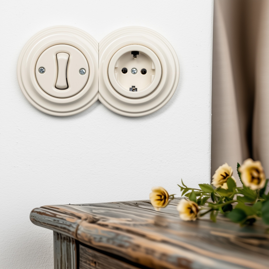 Reblig - Retro enkelpolig strömbrytare nr. 1 och SCHUKO-uttag 230 V med beige ram