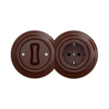 Reblig - Retro enpolig strömbrytare nr 1 och SCHUKO-uttag 230 V med brun ram