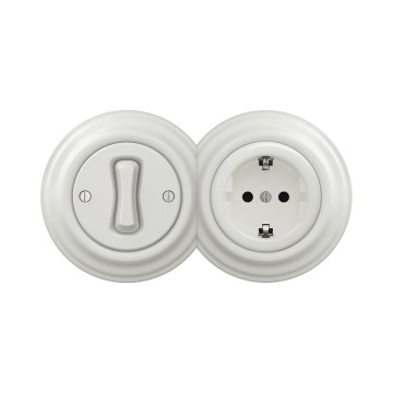 Reblig - Retro enpolig strömbrytare nr 1 och SCHUKO-uttag 230 V med keramisk ram, vit