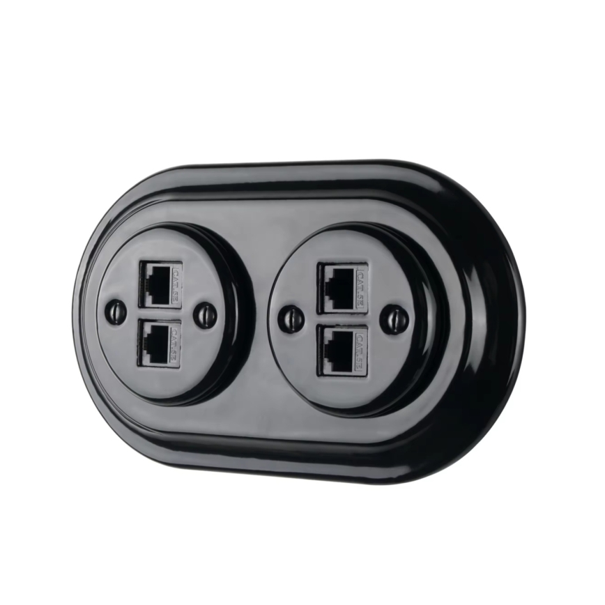 Reblig - Retro Ethernetuttag i porslinsutförande med ram, 2x CAT.5E, svart