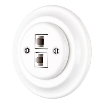 Reblig - Retro nätverksuttag i porslin med ram, 2x CAT5e, vit