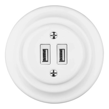 Reblig - Retro porslinsvägguttag med ram, 2x USB-A, vit