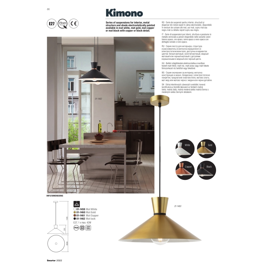 Redo 01-1461 - Ljuskrona med textilsladd KIMONO 1xE27/42W/230V diameter 39,5 cm koppar