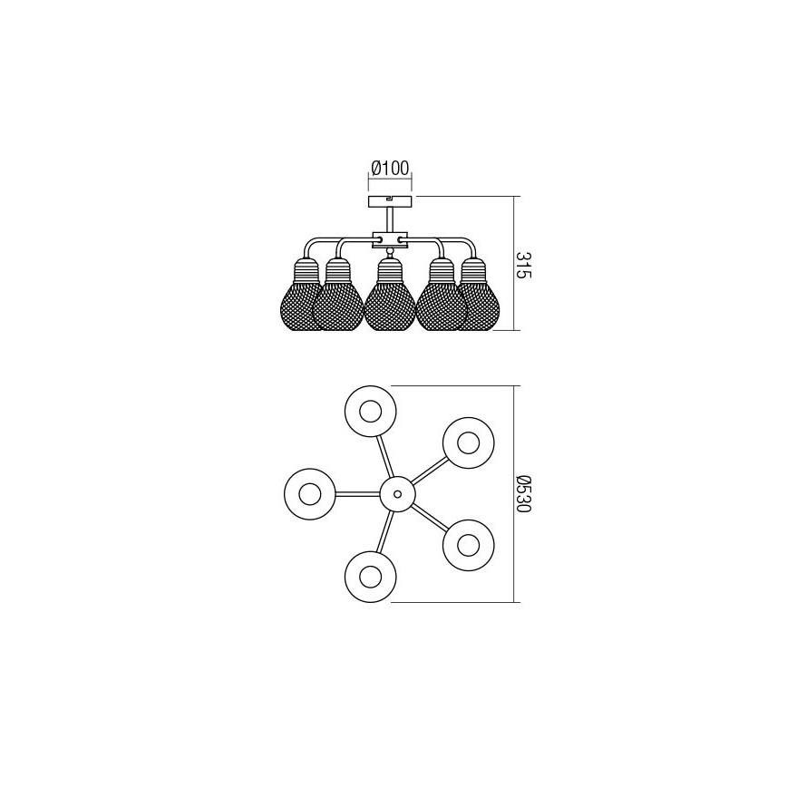 Redo 01-1577 - Taklampa på stång EDISON 5xE27/42W/230V Ø 53 cm svart/koppar