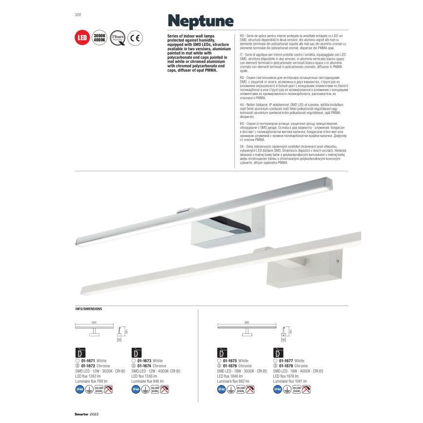 Redo 01-1677 - LED-spegelbelysning för badrum NEPTUNE LED/18W/230V 89,5 cm IP44 vit