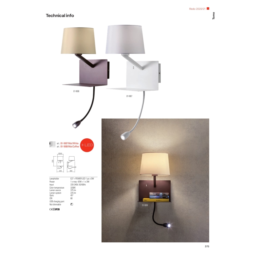 Redo 01-1807 - LED-vägglampa med flexibel läslampa TOMO 1xE27/42W/230V + LED/3W/230V vit