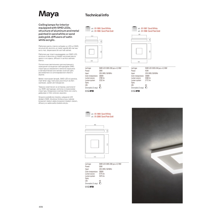 Redo 01-1998 - Dimmbar LED-taklampa MAYA LED/42W/230V 42,5x42,5 cm guld