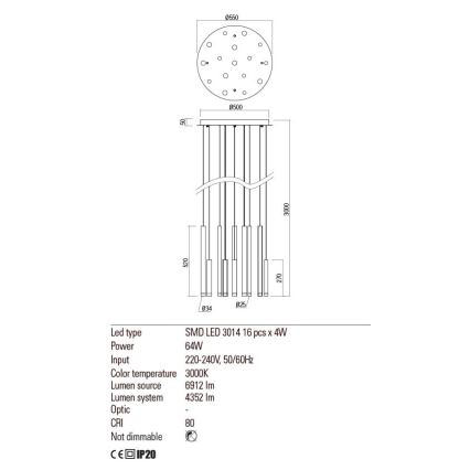Redo 01-2058 - LED ljuskrona med textilsladd MADISON 16xLED/4W/230V guld