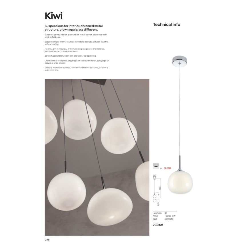 Redo 01-2081 - Takpendel på kabel KIWI 1xG9/40W/230V Ø 12 cm blank krom/vit