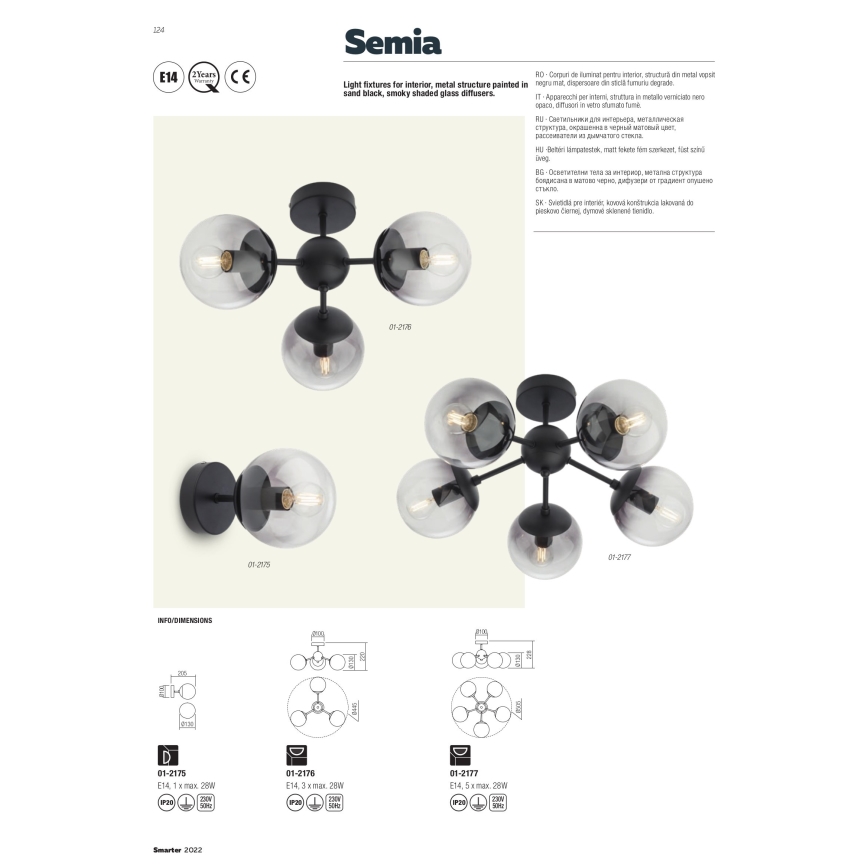 Redo 01-2175 - Vägglampa SEMIA 1xE14/28W/230V svart/rökfärgad