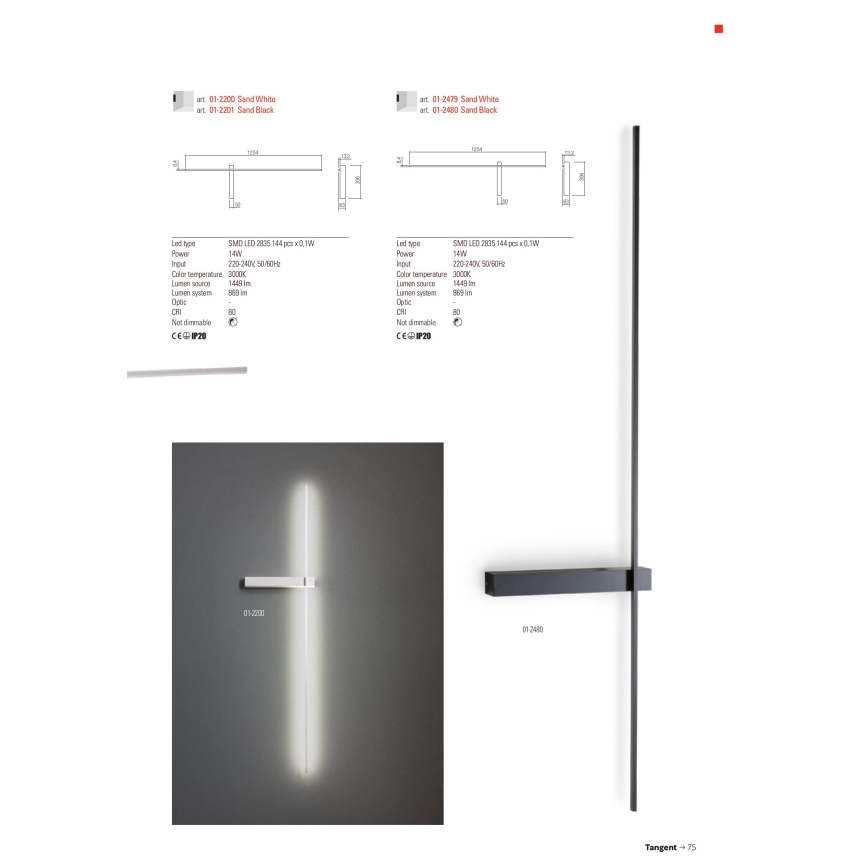 Redo 01-2200 - LED Vägglampa TANGENT LED/14W/230V 3000K 125,4 cm vit