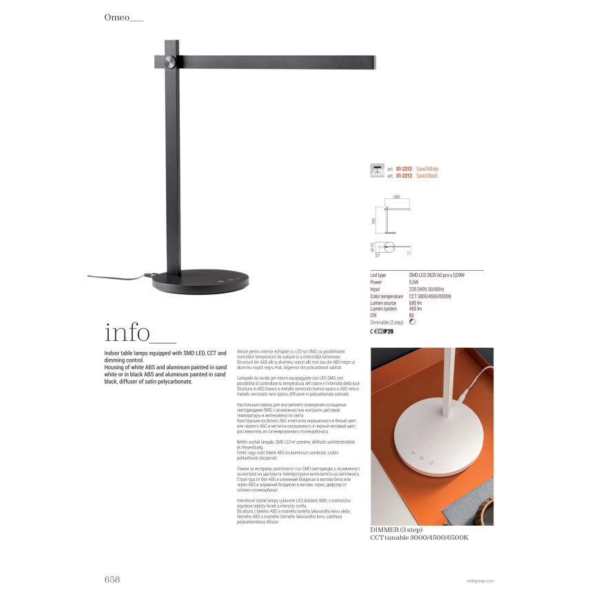 Redo 01-2212 - LED ljusreglerad bordslampa touch OMEO LED/5,5W/230V 3000/4500/6500K vit