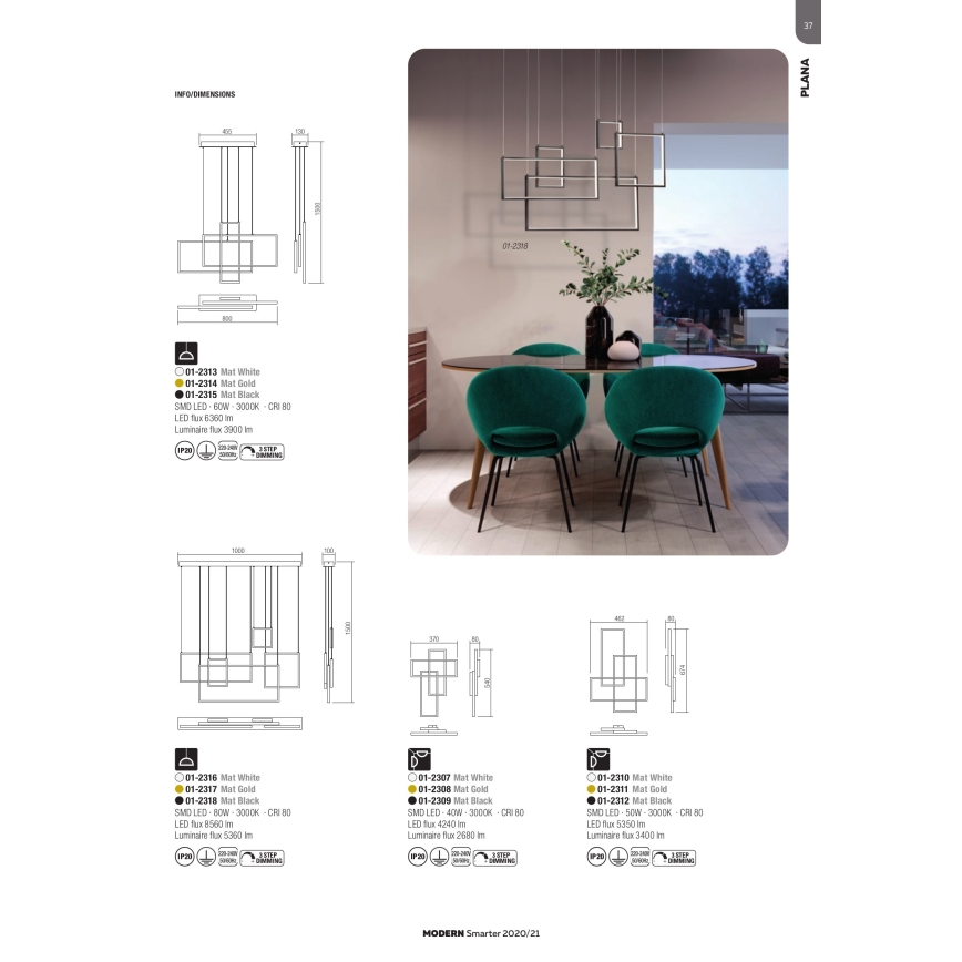 Redo 01-2317 - Dimbart LED-pendel på vajer PLANA LED/80W/230V i guld