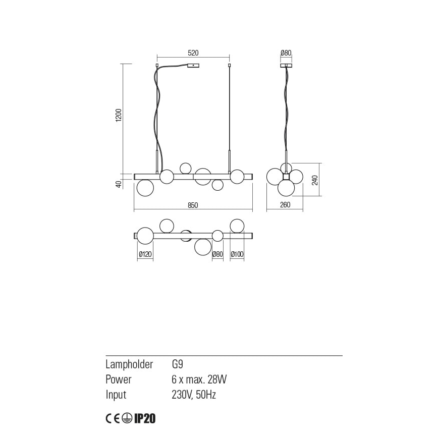 Redo 01-2374 - Ljuskrona med textilsladd GOJI 6xG9/28W/230V guld