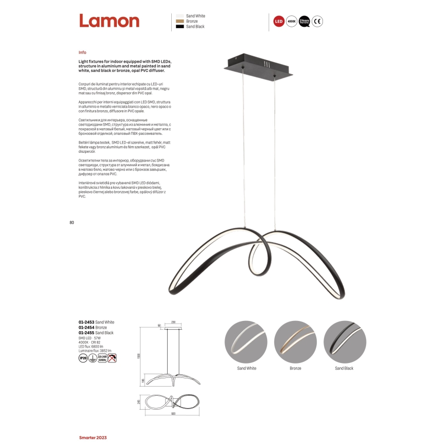 Redo 01-2455 - LED ljuskrona med textilsladd LAMON LED/57W/230V svart