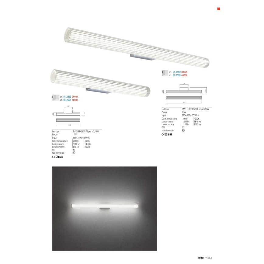 Redo 01-2591 - RIGAL LED-spegelbelysning för badrum 12W/230V 4000K 90 cm CRI 90 IP44 blank krom/vit