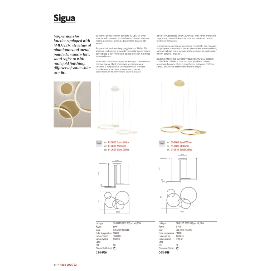 Redo 01-2610 - LED ljusreglerad ljuskrona på textilsladd SIGUA LED/114W/230V CRI 90 3000K brun