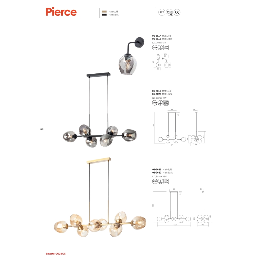 Redo 01-2617 - Vägglampa PIERCE 1xE27/42W/230V guld/rökig