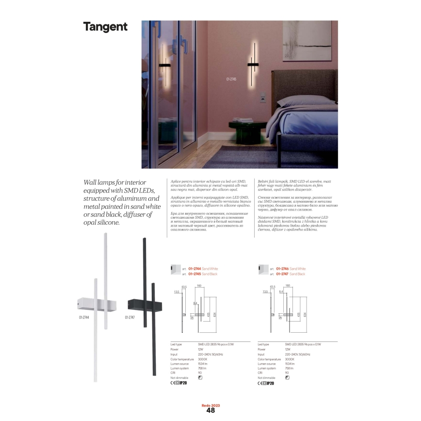 Redo 01-2747 - LED-väggarmatur TANGENT LED/13W/230V 3000K 63,4 cm CRI 90 svart