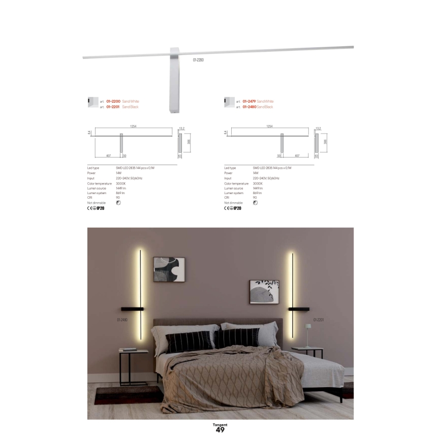 Redo 01-2747 - LED-väggarmatur TANGENT LED/13W/230V 3000K 63,4 cm CRI 90 svart