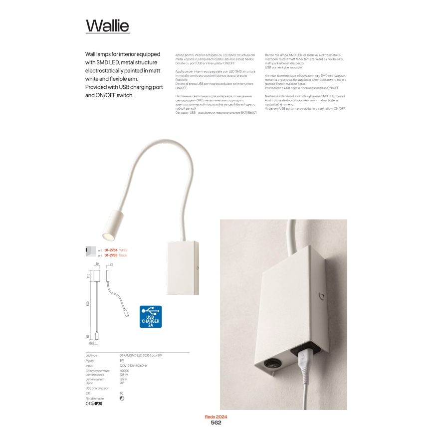 Redo 01-2754 - LED Flexibel läslampa WALLIE LED/3W/230V USB CRI 90 vit