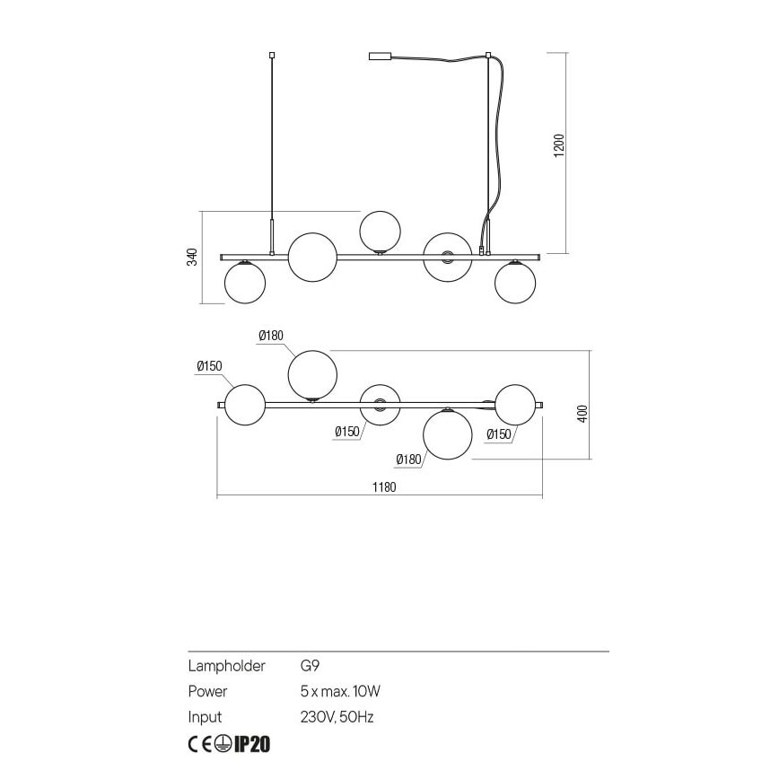 Redo 01-2779 - Pendelkrona ROY 5xG9/10W/230V