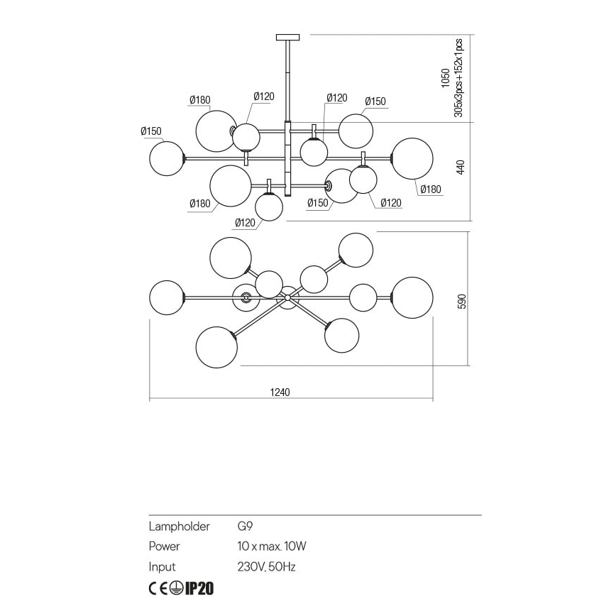 Redo 01-2781 - Pendelkrona ROY 10xG9/10W/230V