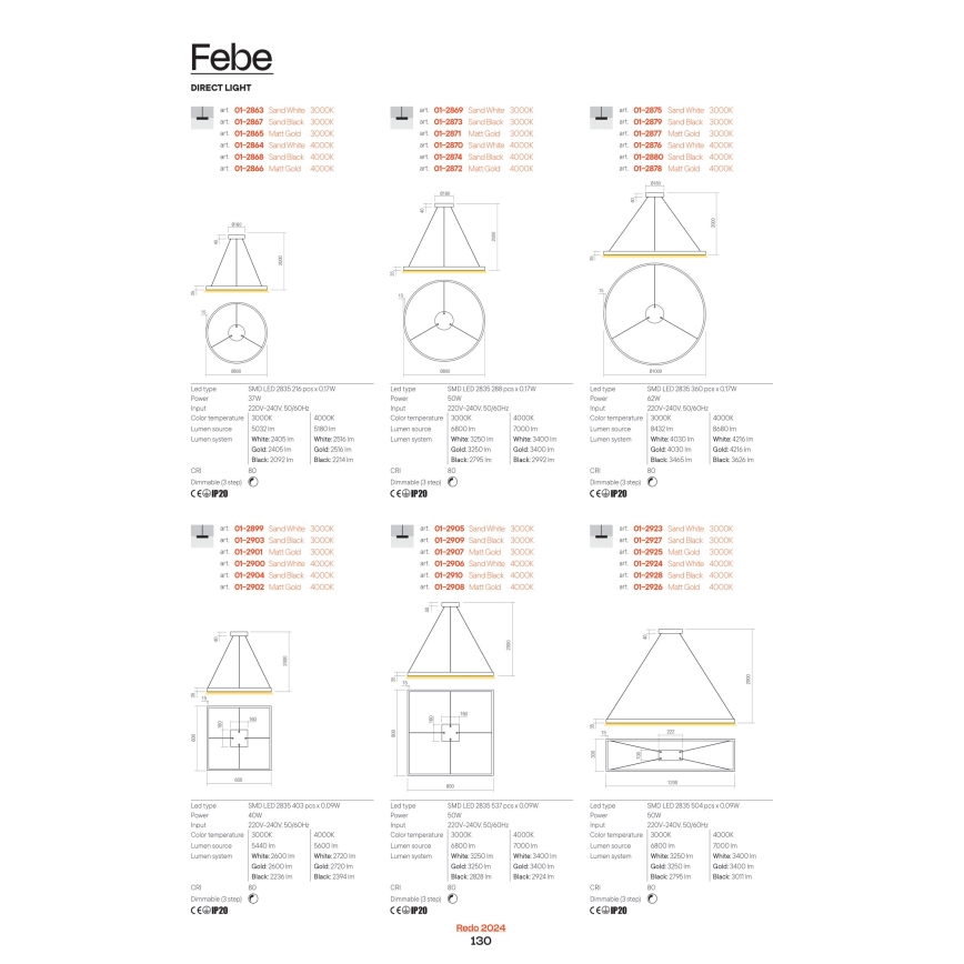 Redo 01-2865 - LED ljusreglerad ljuskrona på textilsladd FEBE LED/37W/230V guld