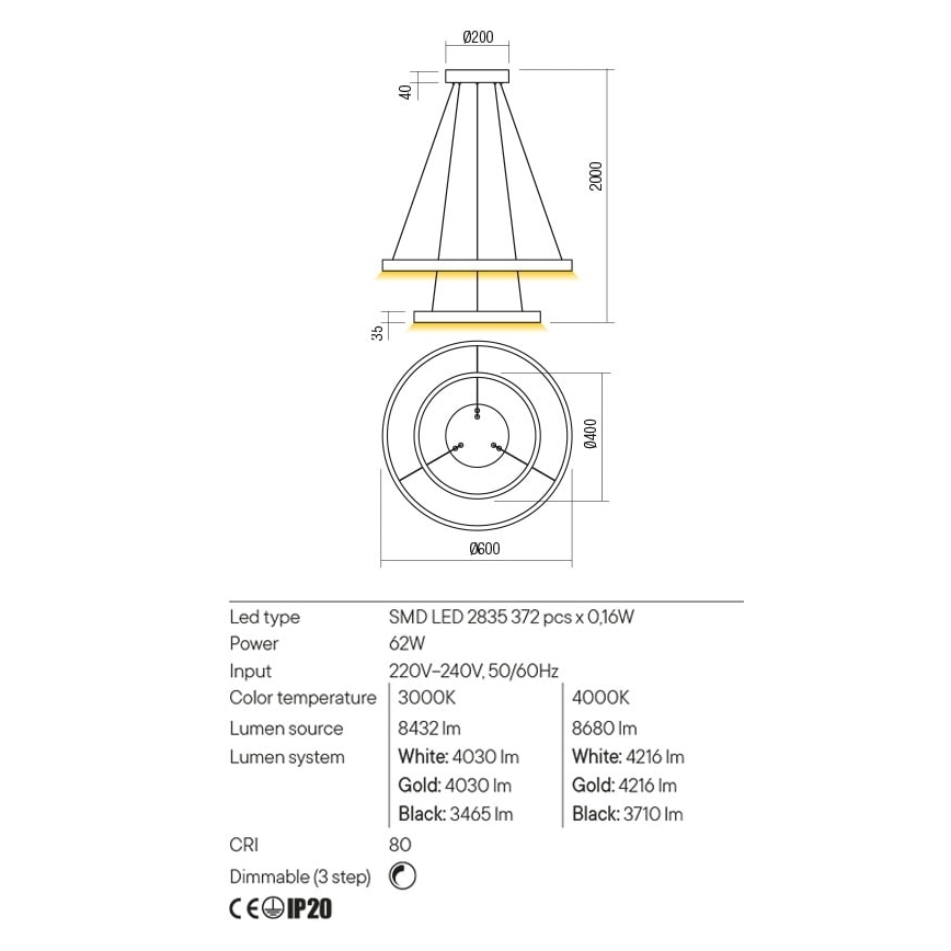 Redo 01-2889 - Dimbar LED-taklampa på vajer FEBE LED/62W/230V guld