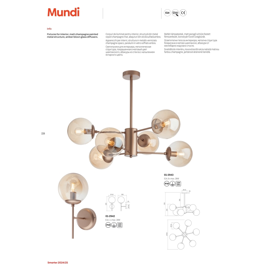 Redo 01-2942 - Vägglampa MUNDI 1xE14/28W/230V koppar/rökfärgad