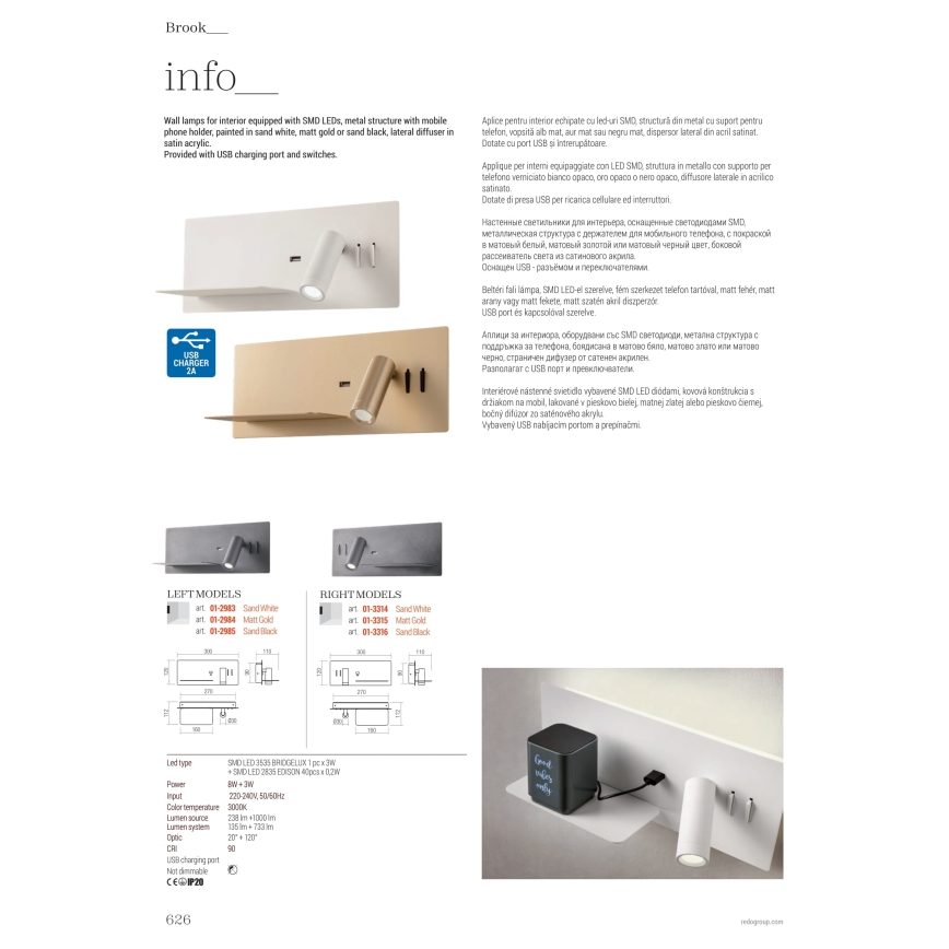 Redo 01-2985 - LED väggspotlight BROOK LED/8W/230V + LED/3W USB CRI 90 svart vänster