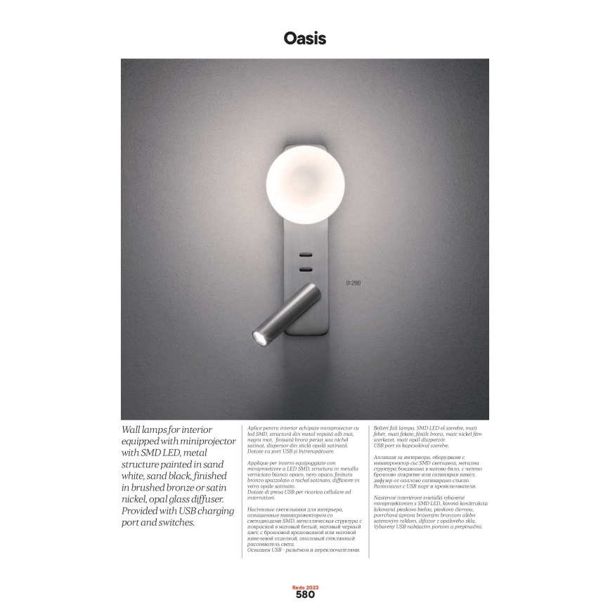 Redo 01-2991 - LED vägglampa OASIS LED/3W/230V + 1xG9/10W USB CRI 90 vit