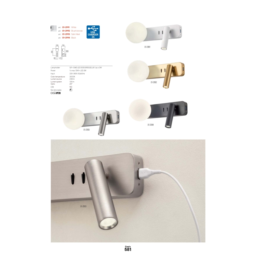 Redo 01-2992 - LED-vägglampa OASIS LED/3W/230V + 1xG9/10W USB CRI 90 brons