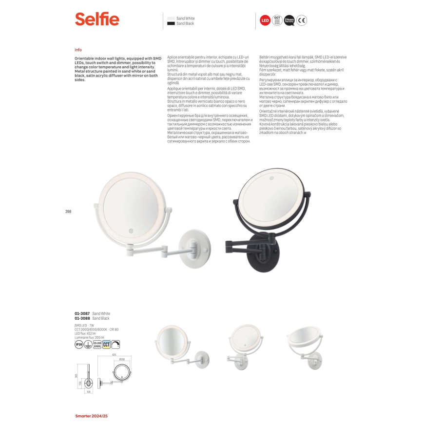 Redo 01-3087 - LED Ljusreglerad beröring Sminkspegel SELFIE LED/7W/230V 3000/4000/6000K vit