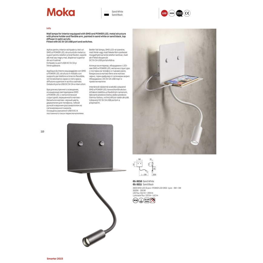 Redo 01-3211 - LED väggbelysning med en flexible liten lampa MOKA LED/6W + LED/3W/230V USB CRI90 svart