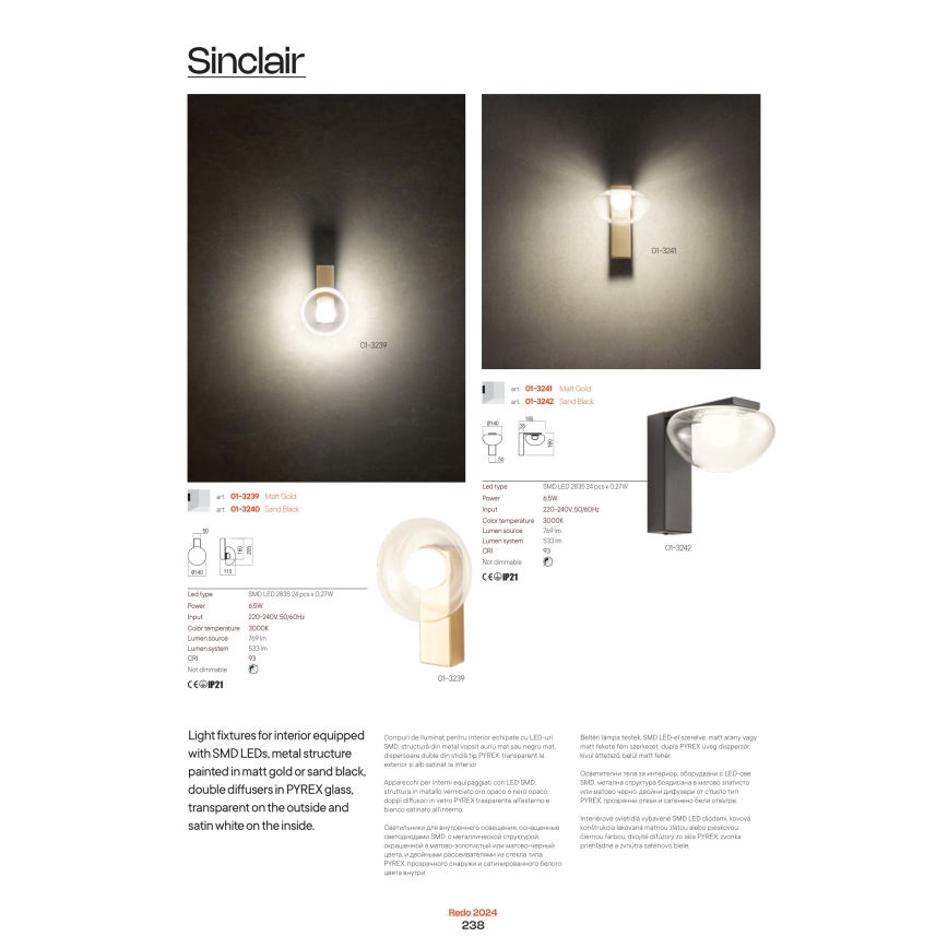 Redo 01-3240 - LED Vägglampa SINCLAIR LED/6,5W/230V CRI 93 IP21 svart